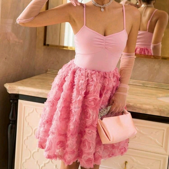 Spaghetti Strap Knitted Waist Seam Floral Embroidered Tulle Fluffy Skirt Romanti - Picture 4 of 4